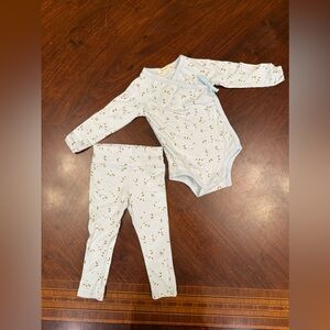 Light Blue Long-Sleeve Baby One-Piece Bodysuit with Gold Leaf Print